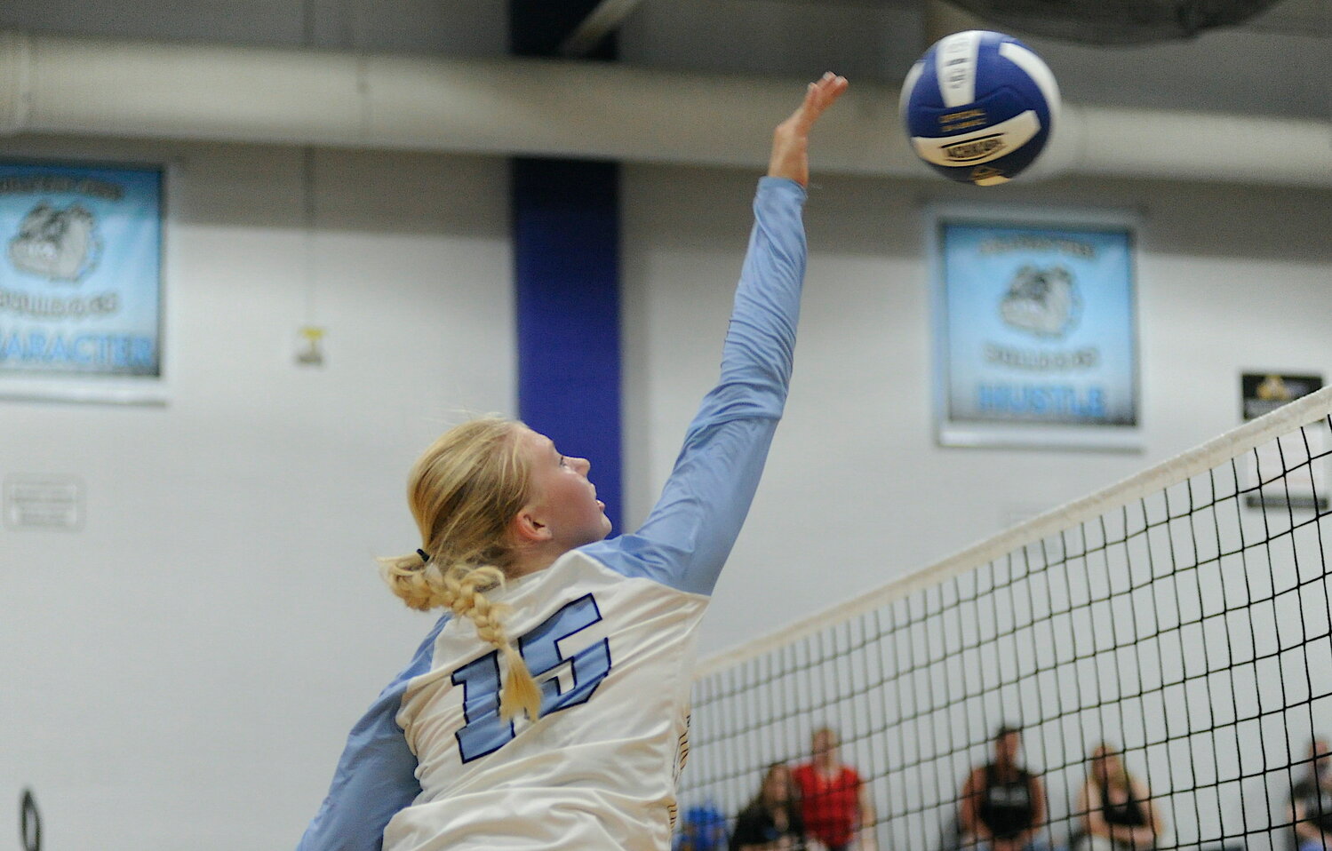 Sullivan West’s Madeline Kask goes to the net. She posted three kills and four blocks.